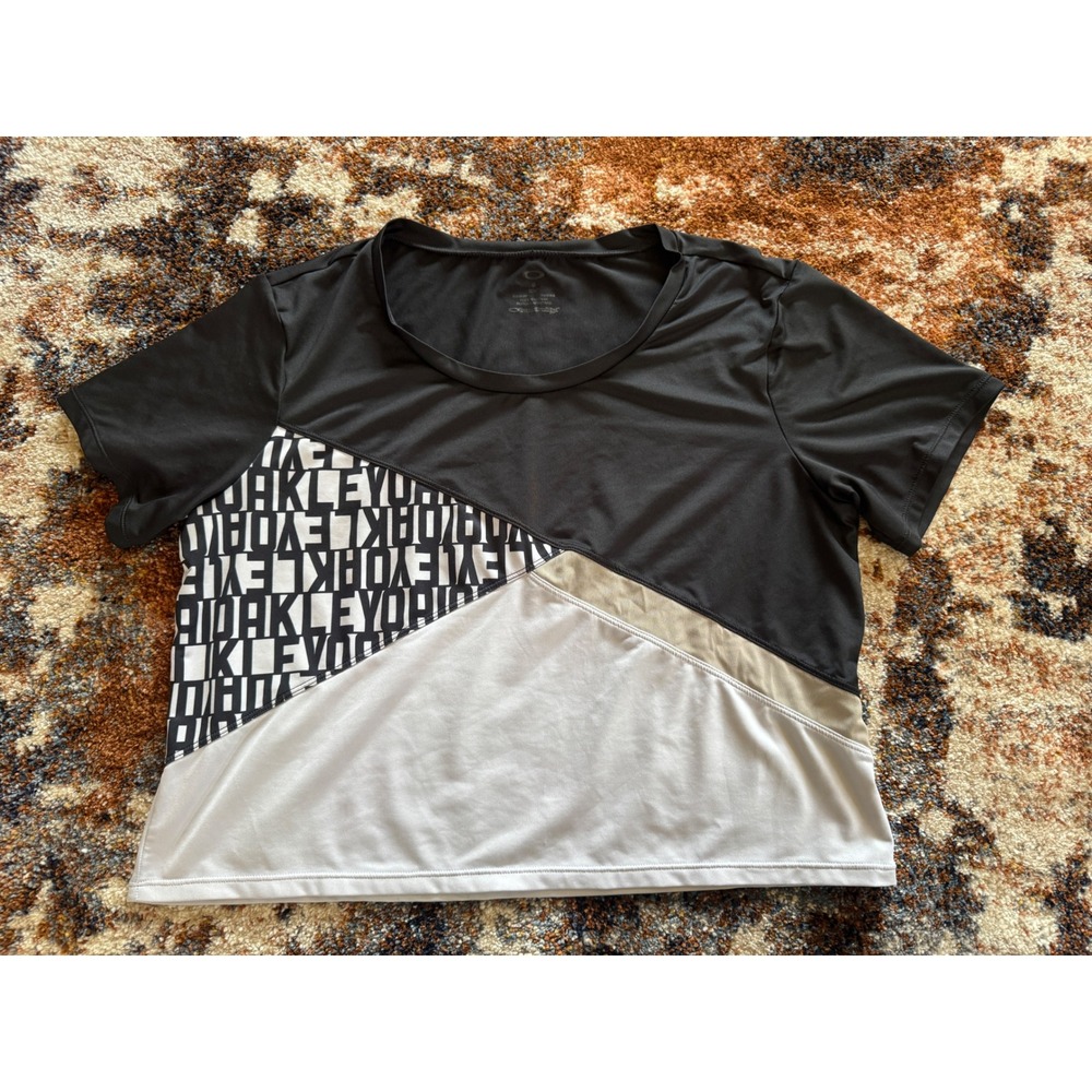 Oakley Womens Colorblock Logo‎ Print Mesh Trim Short Sleeve Active Top Black M